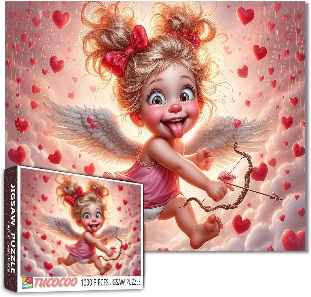 1000 Piece Cute Cupid Jigsaw Puzzles for Adults and Beginner Playful Little Girl Angel Puzzles Challenging Family Activity Games DIY Floating Love Heart Puzzle for Home Decor Gifts 19.7 x 27.6 in