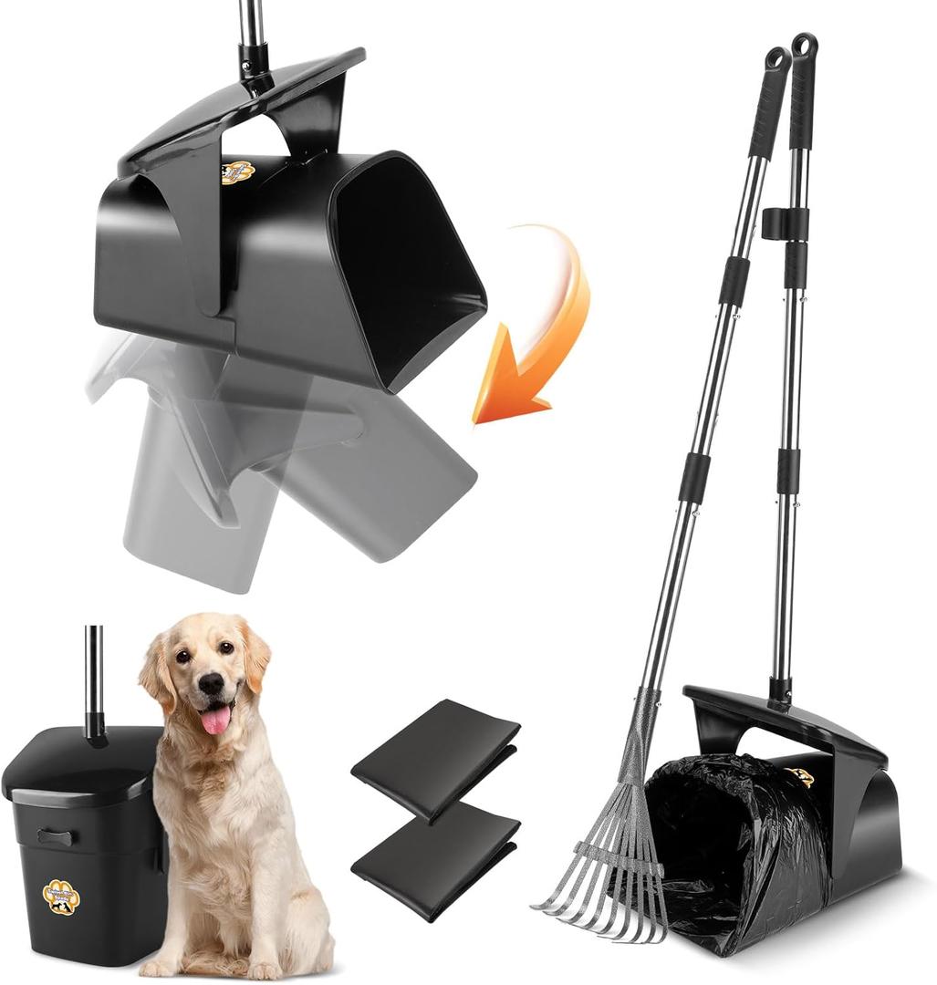 Pooper Scooper for Large Dogs Heavy Duty Swivel Bin & Rake with 20 Waste Bag for Large Medium Small Dogs, Easy to Clean Pet Waste Use on Grass, Dirt, Gravel or Flats