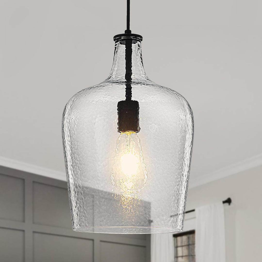 9.3" Blown Glass Pendant Lighting for Kitchen Island,Black Large Pendant Light Fixture with blown Thickened Glass,1 Light Farmhouse Hanging Light for Hallway,Bedroom, Living Room Tall 14 inch (Clear Stream)