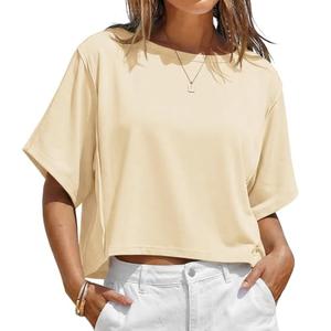 Fisoew Womens Oversized Crop Tops Summer Short Sleeve Crewneck T Shirts Casual Loose Basic Tee Workout Shirts Beige, Size M