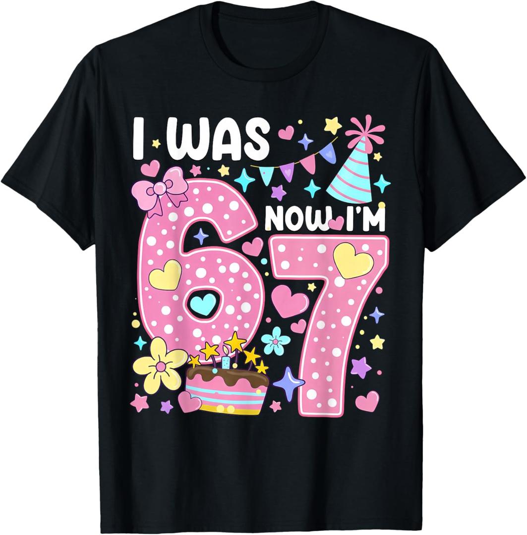 7th Birthday Girl Funny Six Seven I was 6 Now I'm 7 Year Old T-Shirt, S