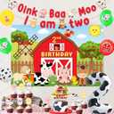 Jollyboom Farm Animal 2nd Birthday Party Decorations, Oink Baa Moo I Am Two Party Decorations Two Year Old 2 Backdrop Banner Cake Cupcake Topper Cow Pig Sheep Number 2 Foil Balloon for Boy Birthday