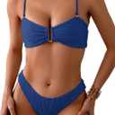 ZAFUL Women's Sexy Tie Spaghetti Strap Bikini Textured O Ring Ruched High Leg Swimsuit Cheeky Bathing Suits (Medium)