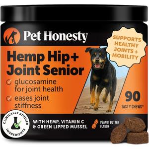 Senior Hemp Hip & Joint Support, Hemp for Dogs, Mobility Support for Senior Dogs, Glucosamine, Collagen, MSM, Green Lipped Mussel, Helps Discomfort (Peanut Butter, 90)