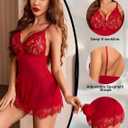 ROJZR Women Lingerie Set 3 Piece Babydoll Lace Kimono Robe Strap Chemise Nightgown Mesh Sleepwear Bodysuit (Red)