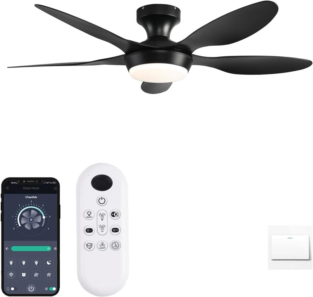 Ceiling Fan with Lights, 46 Inch Low Profile Ceiling Fan with Light and Remote Control, Flush Mount, 6 Speeds Reversible, Dimmable Noiseless Ceiling Fans for Bedroom, Black