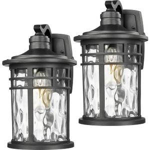 Darkaway 2pcs Large Outdoor Porch Lights Wall Mount, 15inch Outside Light Fixtures Sconces Wall Lighting with Water Ripple Glass Waterproof Exterior Lights for Patio Yard Garage