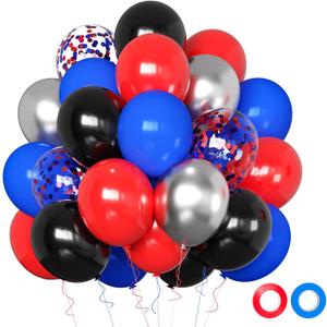 50pcs 12 Inch Black Red and Blue Balloons, Red Blue Silver Balloons Red Blue Balloon Black Red Blue Confetti Silver Latex Balloons for Birthday Baby Shower Graduation Party Decorations