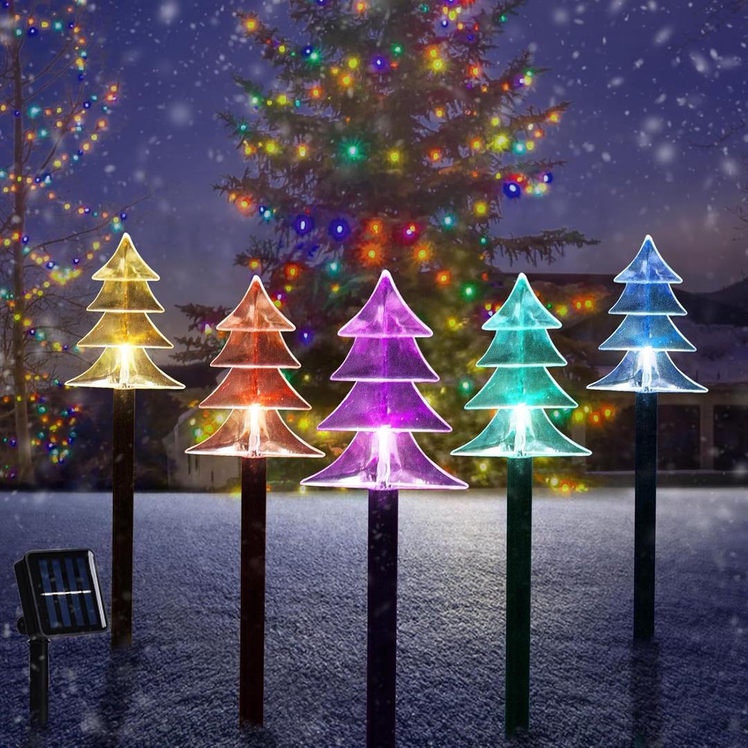 ILLUMINEW Christmas Solar Pathway Lights, Set of 5 Waterproof Landscape Christmas Lights, Stake Christmas Decorations, LED Lights for Yard Lawn Patio Walkway Decor (5PCS-Multi Colors-Tree)