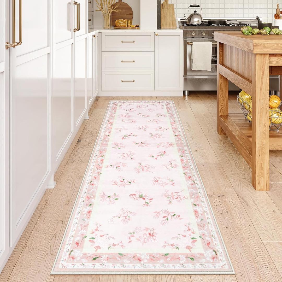 LIVEBOX Floral Girls Rugs for Bedroom, 2 x 6 Washable Nursery Runner Rug, Non Slip Boho Pink Area Rug Soft Runners for Bathroom, Ultra Thin Flower Indoor Carpet Runner for Kitchen, Pink