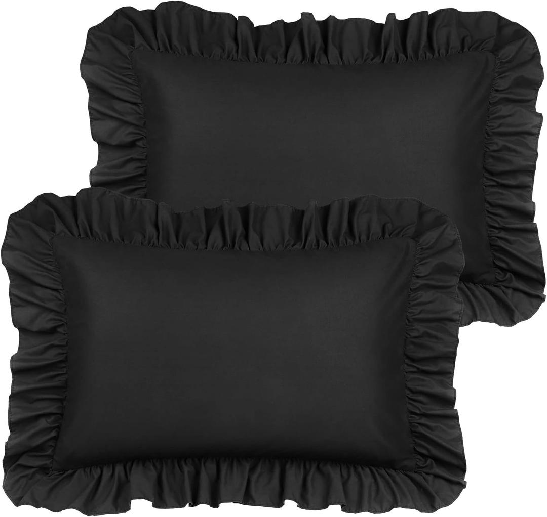 PiccoCasa Ruffled Pillow Shams Set of 2, Soft Breathable Pillow Covers with Envelope Closure, 100% Brushed Microfiber Pillow Case Queen Black