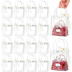 Ohuimrt 50 PCS Clear Plastic Gift Bags with Handles, 5.9 x 4.92 x 2.75 Inches Reusable Party Favor Bags with Ribbon Transparent Gift Wrap Bags Bulk for Weddings Birthdays