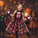 Black Cat Costume for Girls LED Light Up Dress with Ears Headband Lavaliere Claw Holder Tail Bowtie Tutu
