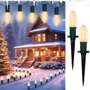 C9 LED Christmas Pathway Lights, 38 Feet Outdoor String Lights with 25 LED Bulbs and Marker Stakes, Waterproof Connectable Christmas Walkway Markers Light for Outside Driveway Yard Garden Patio Lawn