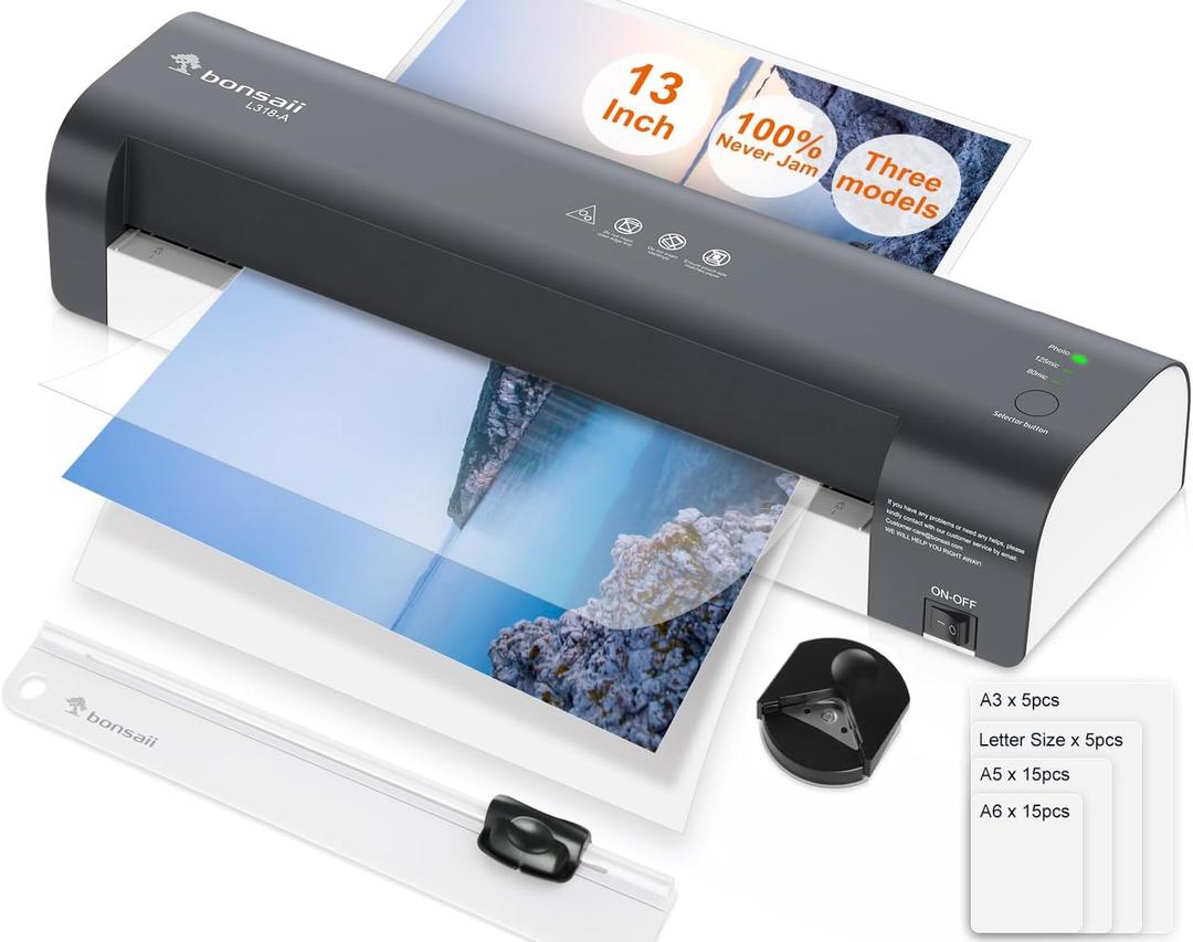 Bonsaii Laminator, 13 Inch 7-in-1 Thermal Laminator Machine with Never Jam Technology, with 40 Laminting Sheets for Home, Office, and Classroom Organization Supplies (Black)