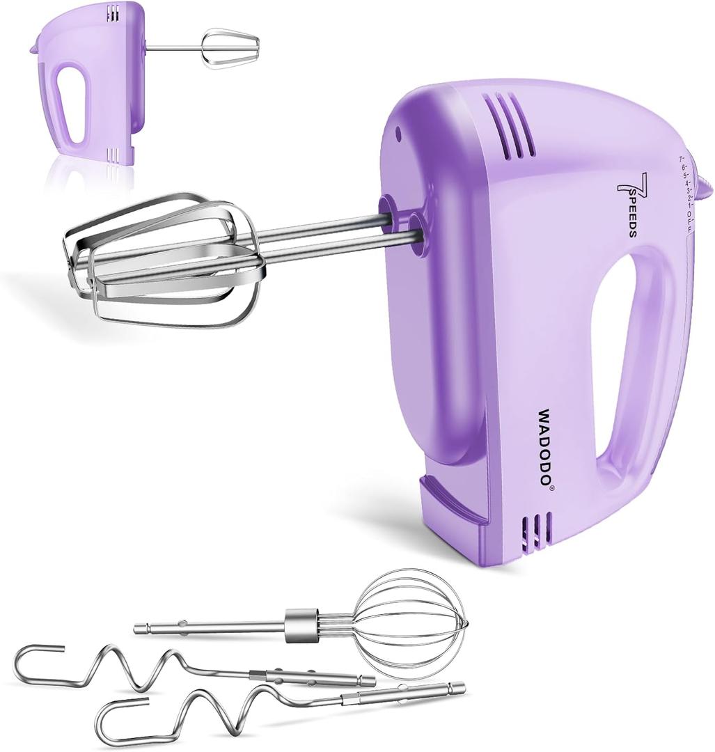 WADODO 7-Speed Electric Hand Mixer  Portable Food Mixer Kitchen Mixer with 304 *(1x Whisk, 2x Beater, 2x Dough hook) for Baking Cakes, Cream, Purple