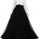 Women Wedding Long Maxi Puffy Tulle Skirt Floor Length A Line with Bowknot Belt High Waisted for Wedding Party Evening(Black, Small-Medium)