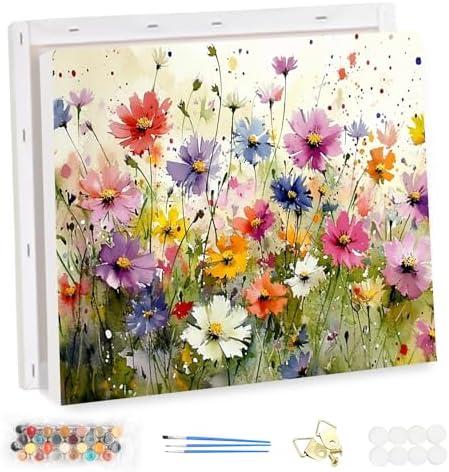 EOBROMD Framed Paint by Numbers Kits for Adults Wild Flowers, DIY Painting Kits for Adults Beginner, Painting on Stretched Canvas Oil Paint by Numbers for Home Decor Gift 16x12inch