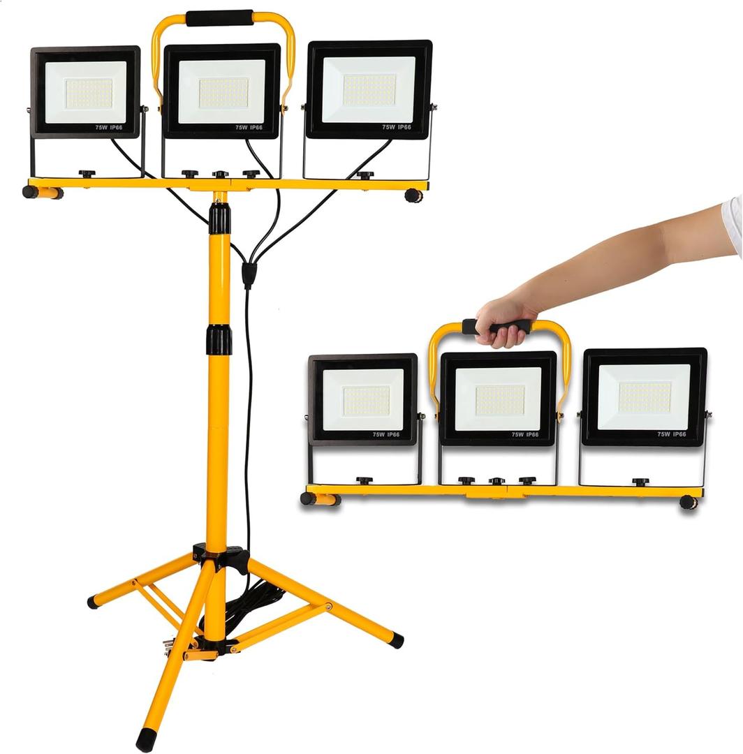 225W 22500 Lumen Work Lights with Stand, Three Head LED Work Light with Individual Switch, 16FT Power Cord, IP66 Waterproof, Adjustable Metal Telescoping Tripod for Indoor and Outdoor