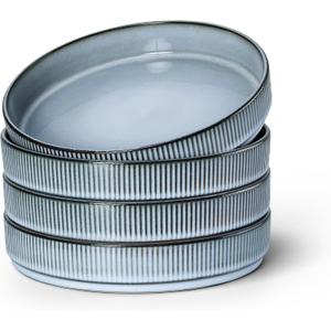 E-far Pasta Bowls Set of 4, 35oz Large Salad Bowl Plate for Dinner Serving Soup, Wide & Shallow Ceramic Stoneware Pasta Plates, Microwave & Dishwasher Safe, Reactive Glaze Textured Stripes, Dusty Blue