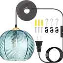 Plug in Glass Pendant Light Mid-Century Modern Striped Glass Hanging Ceiling Lighting Fixture with 14.7FT Cord, Globe Decor Chandelier for Living Room, Bedroom, Dining Hall, Kitchen (Green)