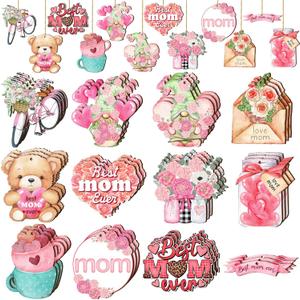 36 Pcs Mother's Day Tree Ornaments Mom Wood Hanging Ornaments with Ropes Mother's Day Slices Tags Pink Flower Love Heat Decoration for Anniversary Birthday Party Tree Home Decor