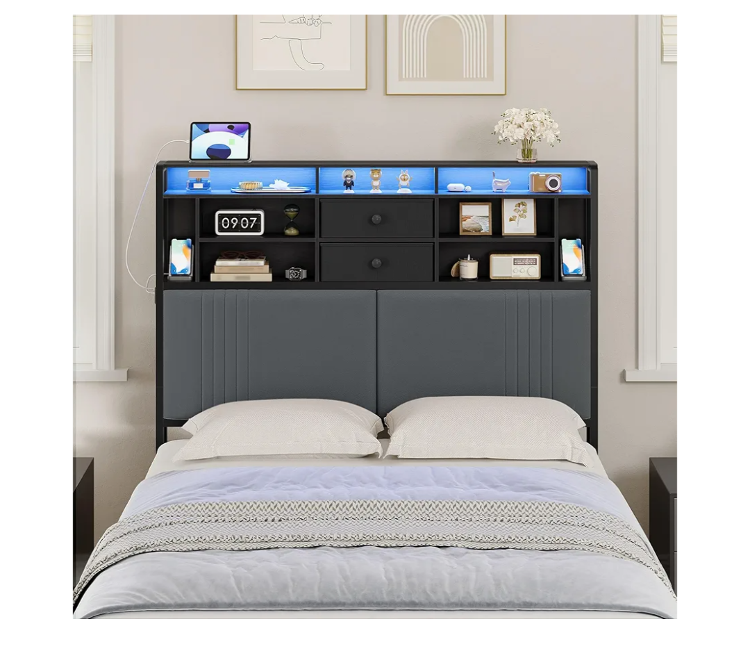 Headboard with 3-Tier Storage Shelves, Velvet Upholstered Headboard with Outlet, 2 USB Ports & LED Light, Headboards Full Size Bed with Two Fabric Drawers, Black and Dark Gray, BH42104B