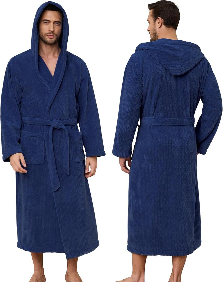Men's Bathrobes with Hood, Soft Long Towel Robe for Men - Super Absorbent Quick Dry yet Warm (Large-X-Large, Navy Blue)