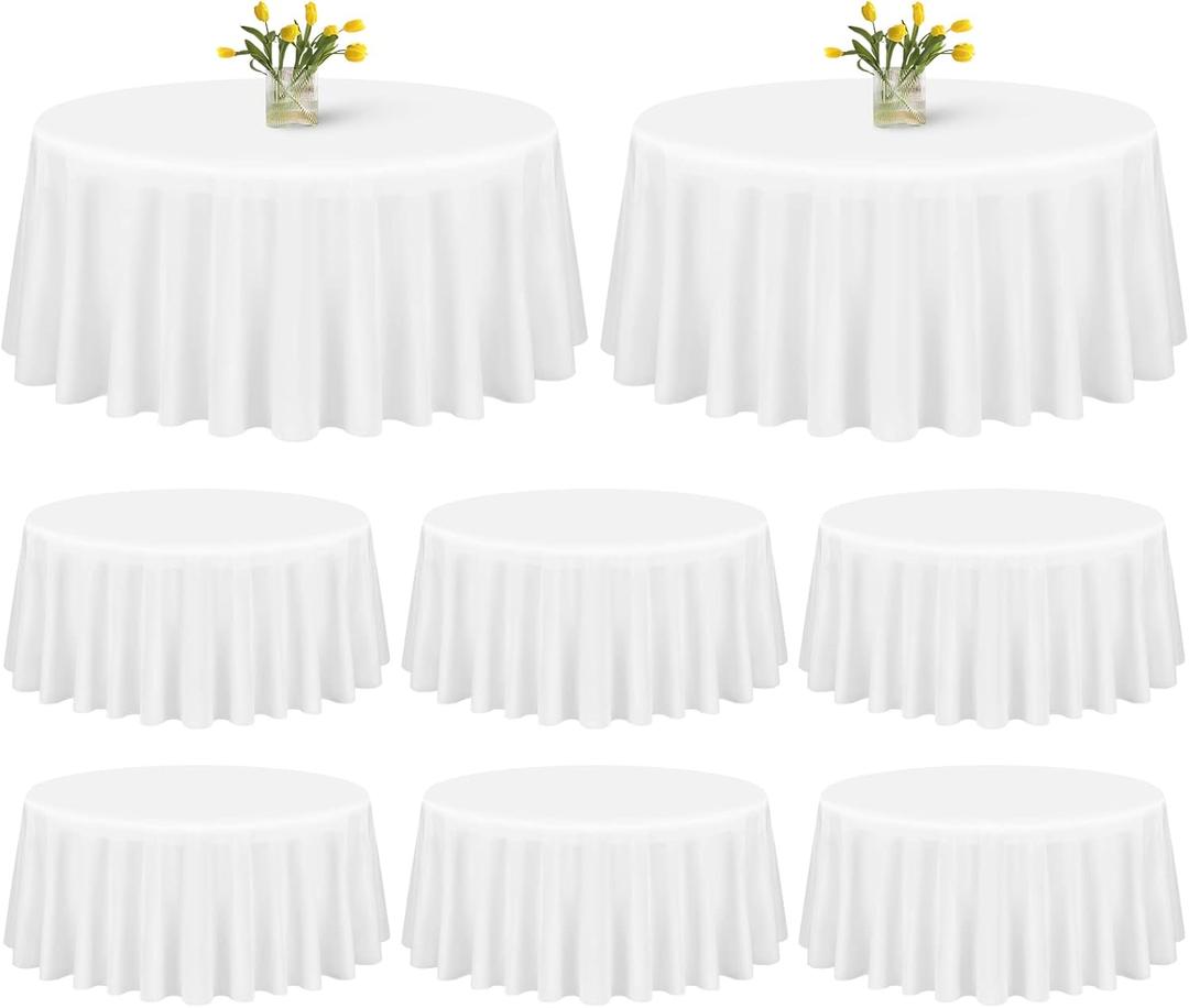 8 Pack White Round Tablecloths - 90 Inch Round Table Cloths Washable Polyester Tablecloths for Wrinkle Resistant Decorative Fabric Table Cover for Dining Wedding Party Banquet, White