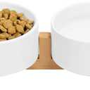 Ceramic Cat and Small Dog Bowl Set  Modern Indoor Small Size Pet Food and Water Bowls with Wood Stand  Non Slip Puppy Sized Feeding Station with Double Dishes (White)