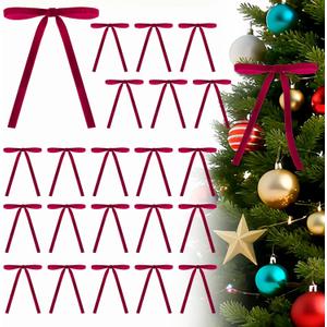 3 x 32pcs Velvet Bows for Christmas Tree Decorations, Pre-Tied Christmas Velvet Bows for Wreaths, Gift Wrapping, Garland, Fireplace Decor. (3/8" W, 5 * 7in) (Burgundy)