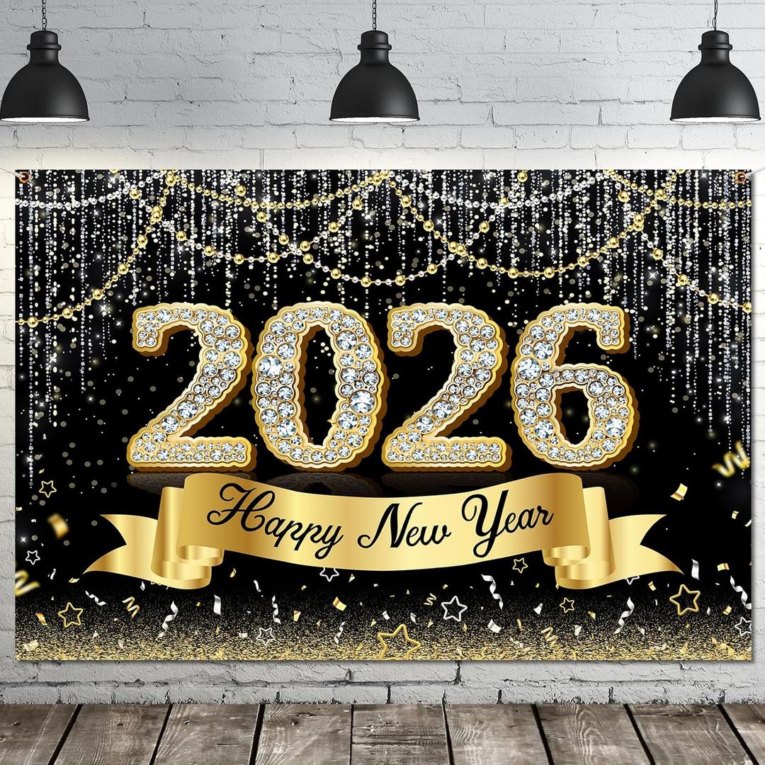 Happy New Year Decorations 2026 Banner, Black and Gold New Years Backdrop 2026 for New Years Eve Party Supplies 2026