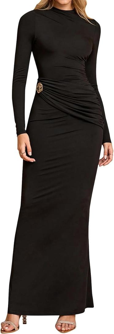 URYIAO Women's Long Sleeve Ruched Bodycon Maxi Dress Fall Winter Formal Elegant Cocktail Party Dresses (Black, XL)