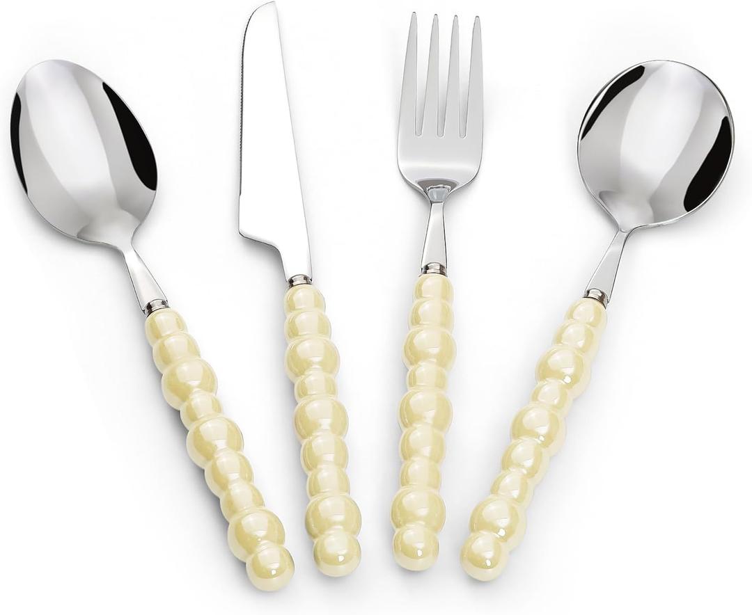 Koythin 4-Piece Cutlery Set, Stainless Steel Flatware Sets with Chubby Bubble Pattern Ceramic Handle, Utensils including Knife Fork Spoon (Yellow)