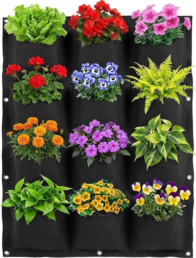 WFIST Vertical Hanging Planter Bag, Breathable Felt Wall Garden Planter with Metal Grommets, Indoor/Outdoor Space-Saving Herb & Flower Growing Pouch (12-Pocket)