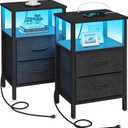 TUTOTAK LED End Table with Charging Station, Nightstand with Cloth Drawer, Side Table with Outletst, Set of 2, Couch Table, Black TB01BK068, 11"D x 15.4"W x 23.7"H