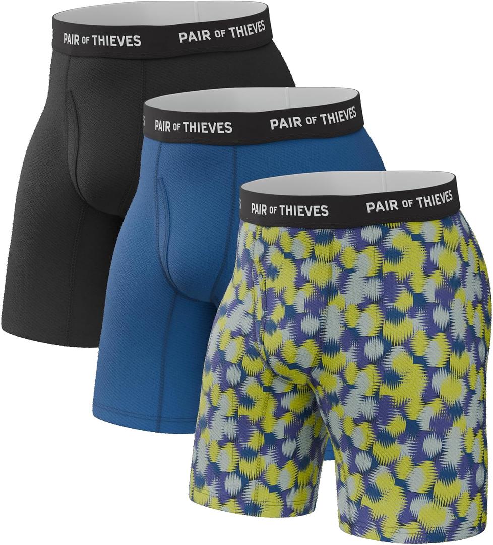 Pair of Thieves Mens Long Boxer Briefs  Soft, Breathable, Quick Dry Underwear with 4-Way Stretch  Multi-Pack (Large, Black/Blue/Abstract Dot Print)