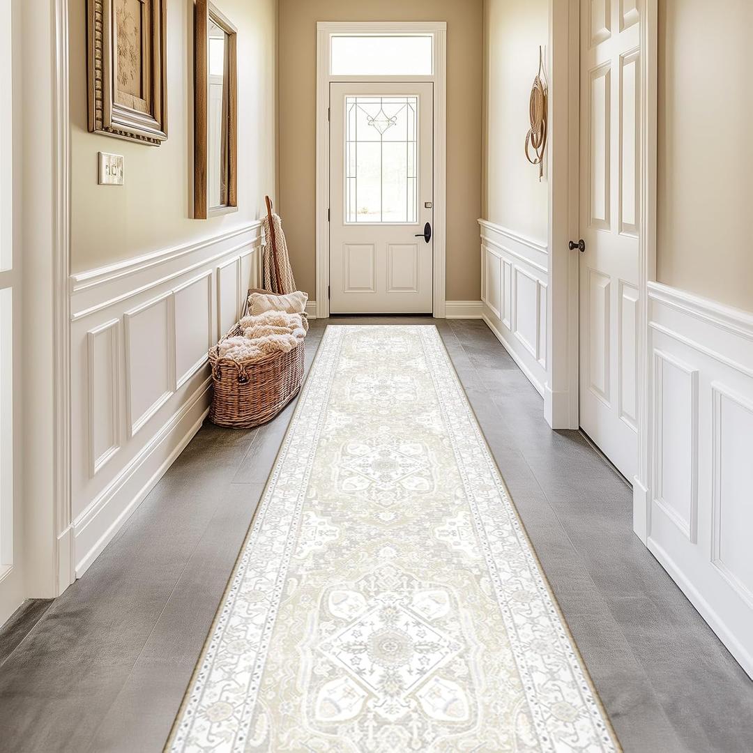 2x10 Area Rug Vintage Machine Washable Low Pile Carpet No Shedding Area Rugs for Living Room Bedroom Dining Room Kitchen Entryway Hallway Office Indoor-Cream/Multi