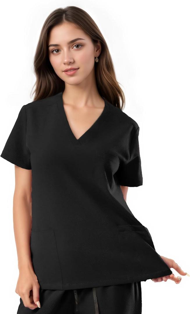 SUNME Scrubs Tops for Woman, Soft V-Neck Scrubs Top with 3 Pockets, Semi-Slim Fit Medical Scrub Top (Black, S)
