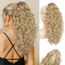 Flufymooz 100 Pure Protein Ponytail Extension, 18 Inch Curly Claw Clip Ponytail Hair Extensions Natural Soft pony tail hairpiece for women-Deep Blonde with Ash Blonde Highlights