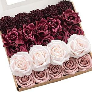 Ling's Moment Artificial Flowers Fake Silk Roses Faux Foam Gardenia Combo for DIY Wedding Bouquets Centerpieces Arrangements Bridal Shower Party Home Decorations, Dusty Blue & Ivory, 23pcs