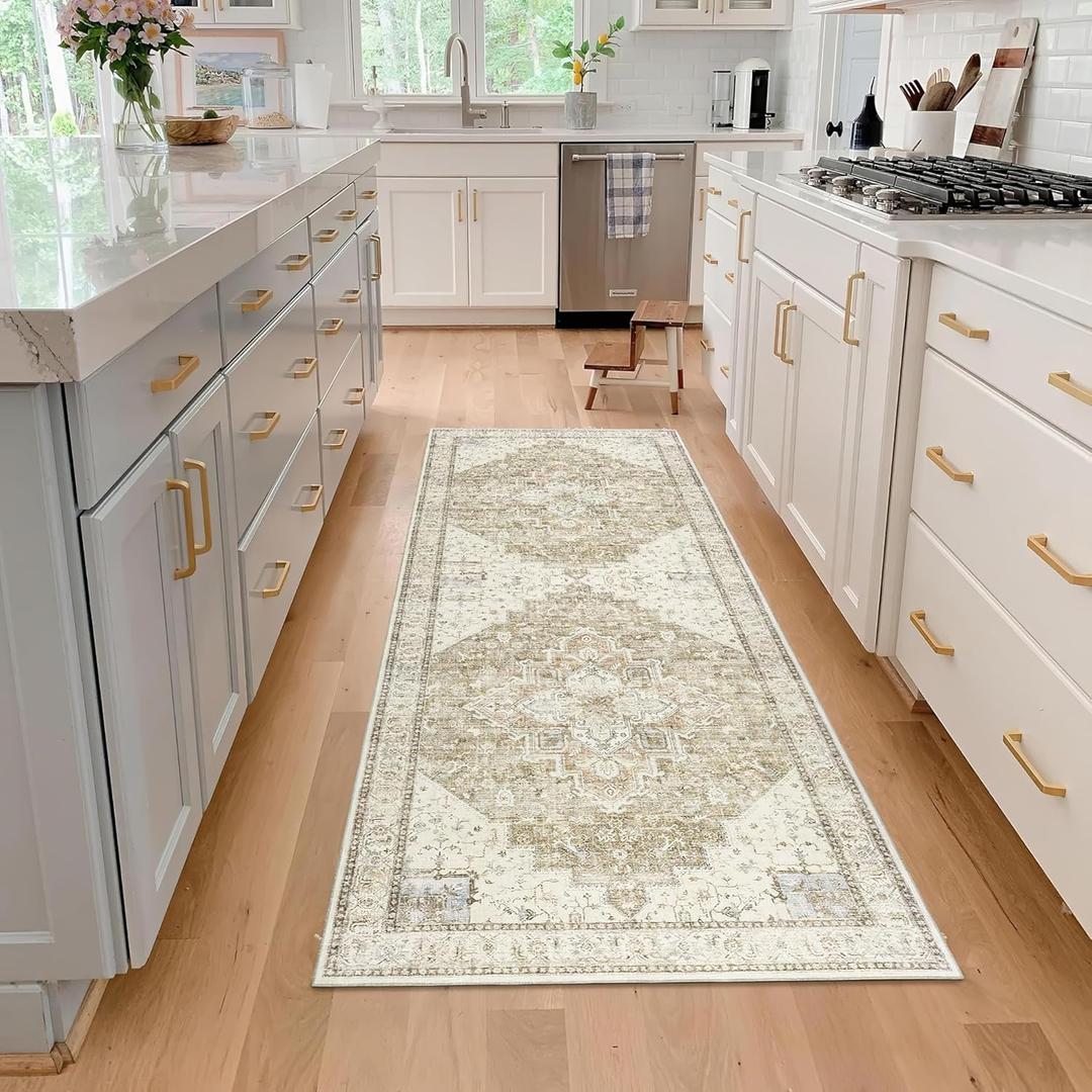 BILEEHOME Boho Runners for Hallway,3x10 Non Slip Washable Neutral Rustic Modern Farmhouse Persian Runner Rugs for Kitchen, 3 x 10, Light Tan Brown and Beige Coffee