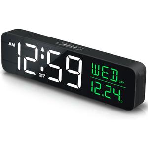 Peakeep Large Display Digital Alarm Clock for Bedrooms, Date Day of Week Calendar Desk Table Clocks for Living Room Office, Dimmable Plug in Electric Clock, 5 Volumes, Loud, Auto DST (White and Green)