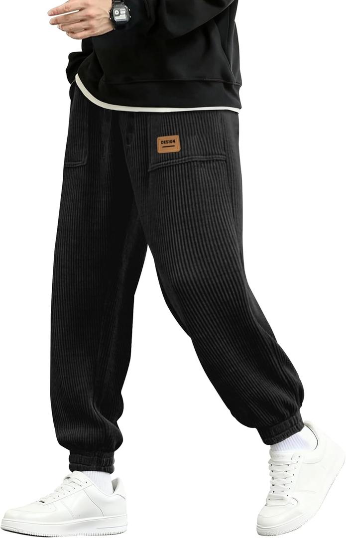 PLEPAN Mens Corduroy Pants Casual Cargo Joggers for Men Tapered Baggy Sweatpants Drawstring Elastic Waist Pants with Pockets (Small, Black)