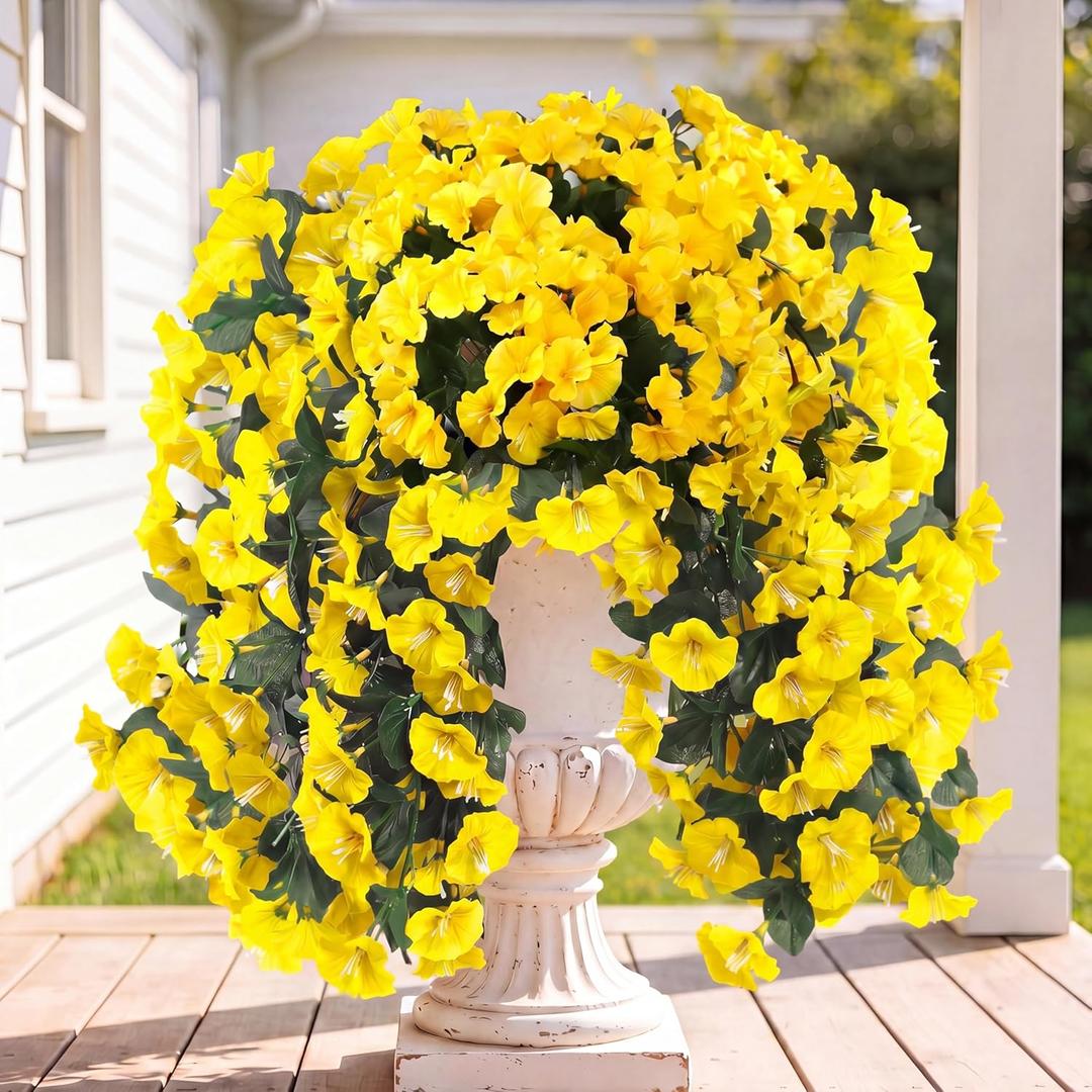 Sggvecsy Artificial Fake Hanging Flowers Plants for Outdoor Outside Spring Summer Decoration 2PCS Faux Silk UV Resistant Realistic Morning Glory Trailing Vines for Home Porch Patio Balcony(Yellow)