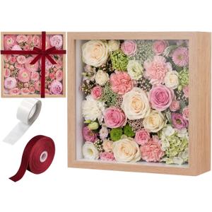 8"x8" Wedding Shadow Box Frame Flower Display Case Kit, DIY Wood Color Picture Gift Box with Lid Deep Glass Case Red Velvet Ribbon for Gift Wrapping Craft Bouquet Flower Keepsake Memory