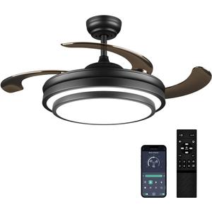 48 Inch Retractable Ceiling Fan with Lights and Remote,Black Fandelier Ceiling Fan with APP Control 6 Speed Dimmable LED Ceiling Fans Silent Reversible Motor for Bedroom Kitchen Living Room