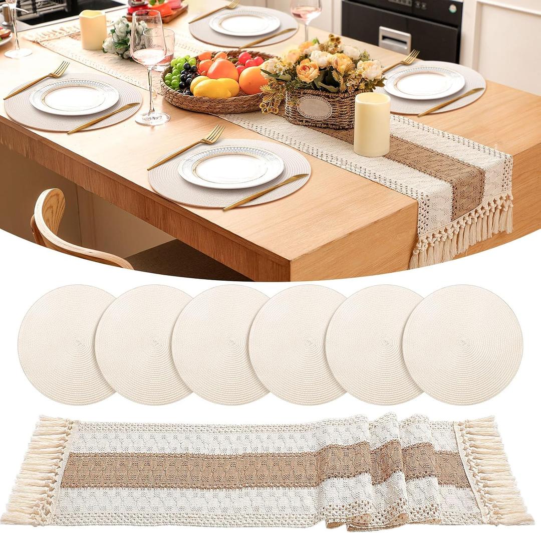 Boho Placemat and Table Runner Set 15'' Ivory Round Braided Place Mats 72'' Long Farmhouse Macrame Table Runner Centerpiece for Home Dining Bridal Decoration
