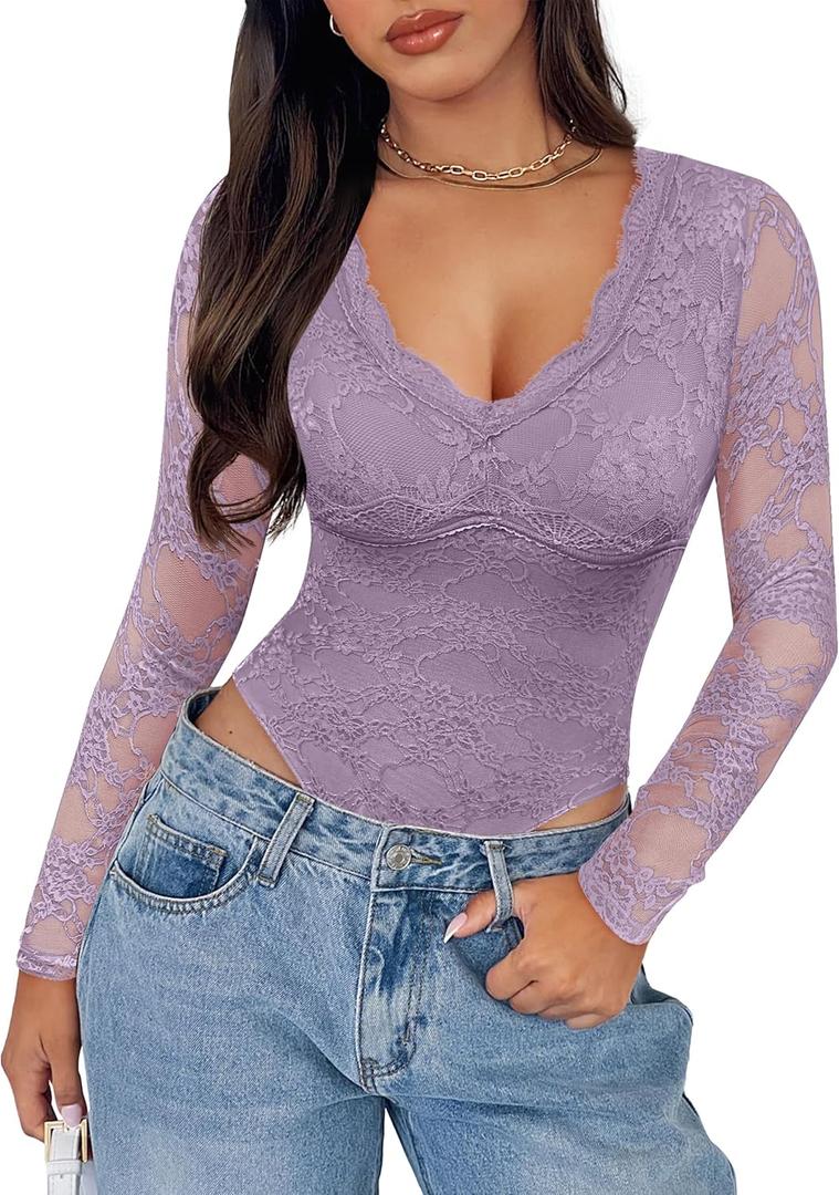 SAUNGKUAI Women's Lace Bodysuit Plunge Deep V-Neck Long Sleeve Thong Body Suits Tops Double Lined Y2K Outfits for Going Out (Small, Pinkpurple)