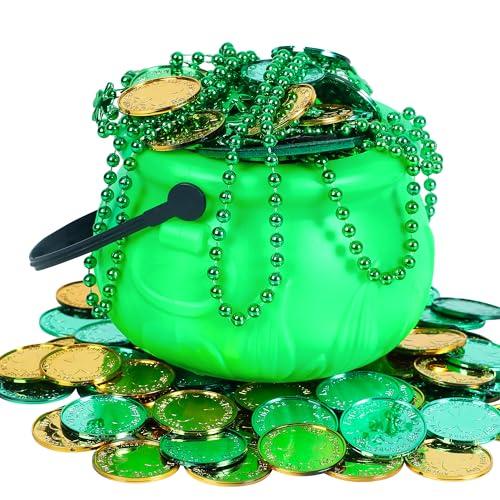Bylion 5" St Patricks Day Green Plastic Cauldron with 100 Lucky Coins & Bead Necklace, Pot of Gold Pot for Leprechaun Decorations, Green & Gold Coins